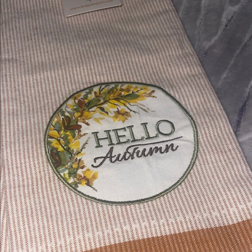 Hello Autumn Embroidered Hand Towel - Blush Stripe